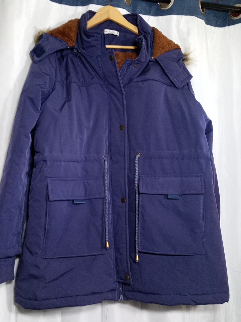 Navy Blue Women's Parka Jacket with Faux Fur Trim